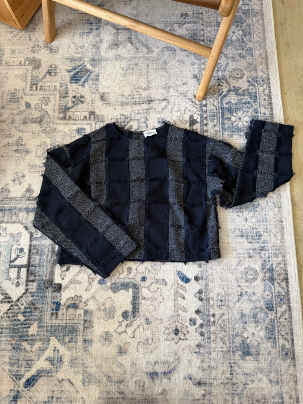 FRNCH Navy and Charcoal Fringed Patchwork Cropped Top